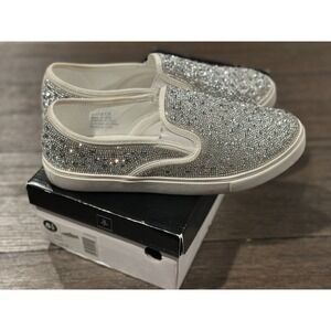 DB Studio Bling Crystal White Silver Slip On Sneakers Sz 8.5 Wedding Formal GUC